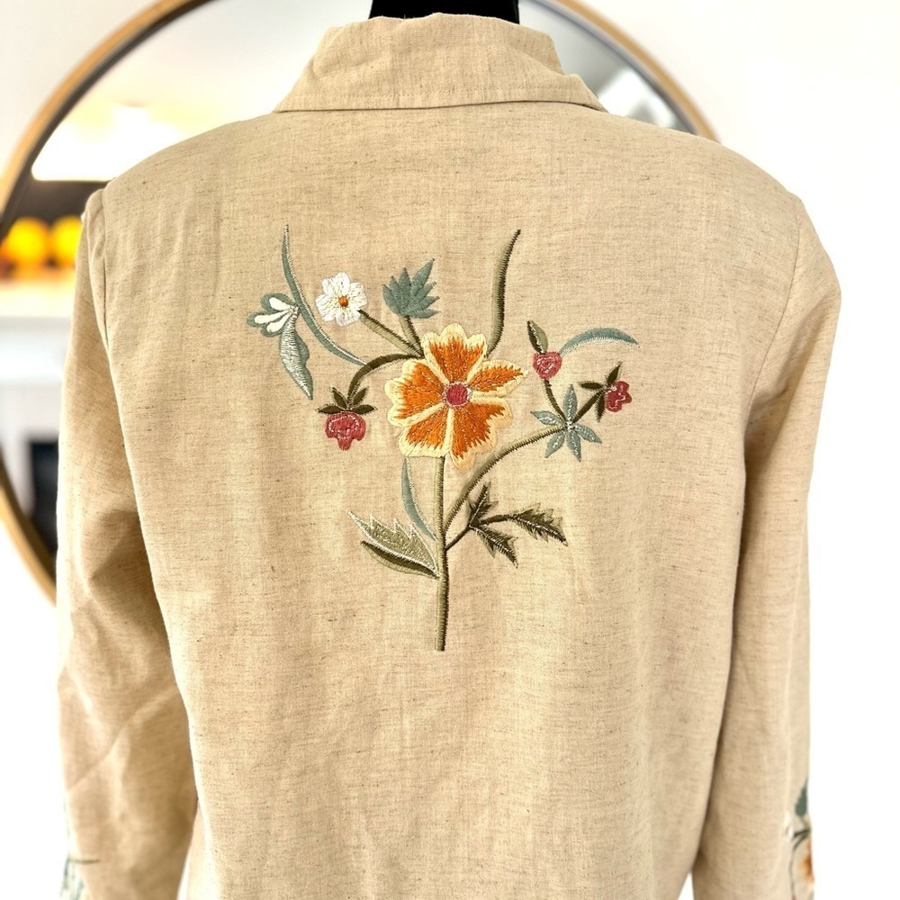 Tapestry Patch Beige Linen Floral Embroidered Lined Jacket Chunky Button Medium